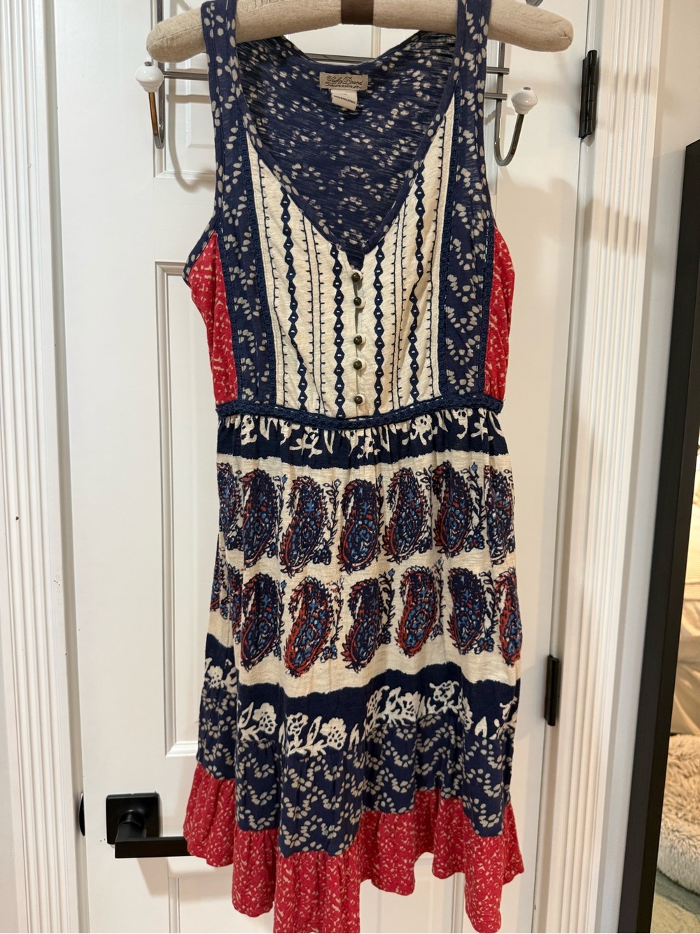 Lucky Brand Navy Blue, Cream & Red Printed Boho Sundress